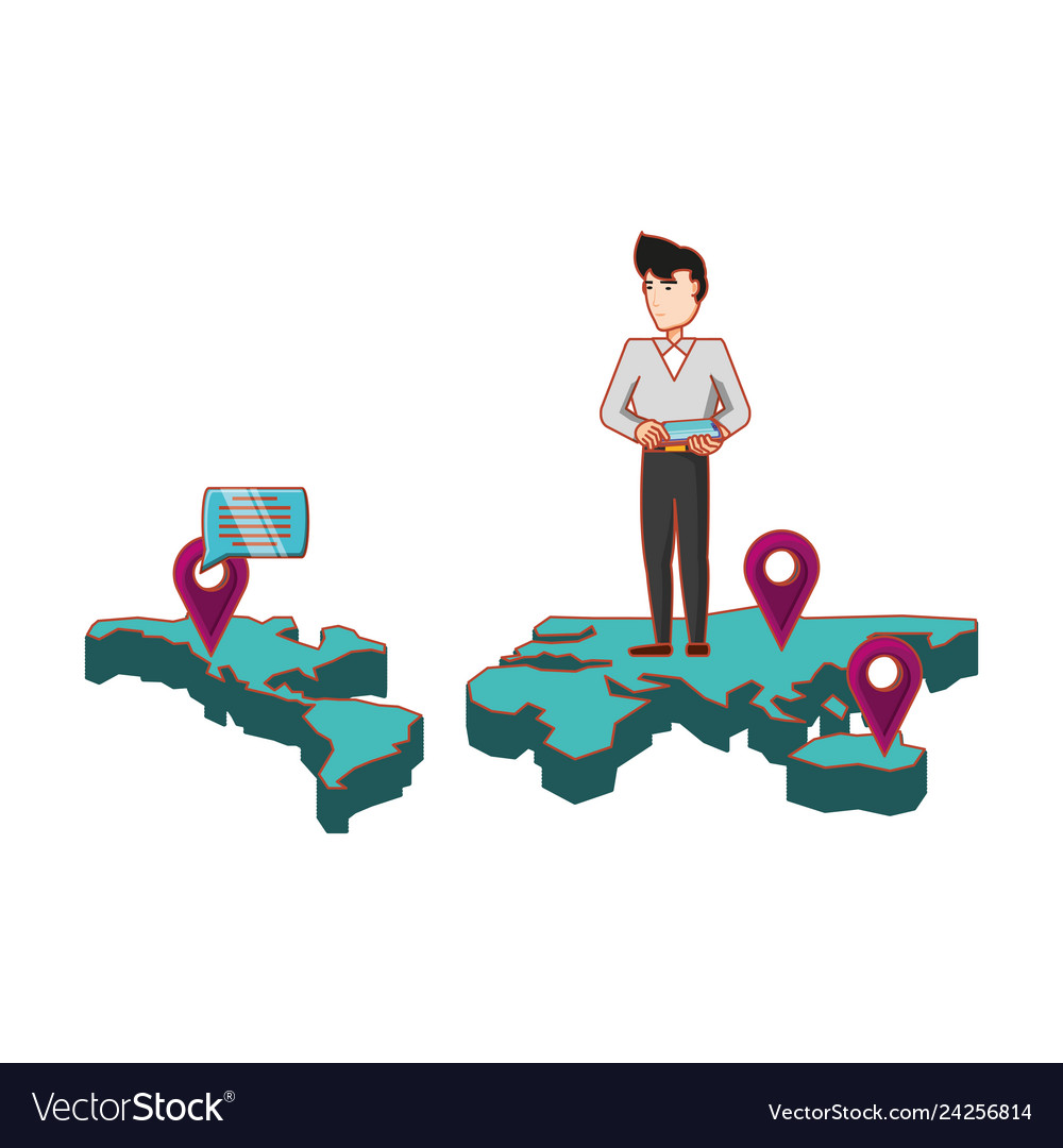 Businessman in map with smartphone and set icons