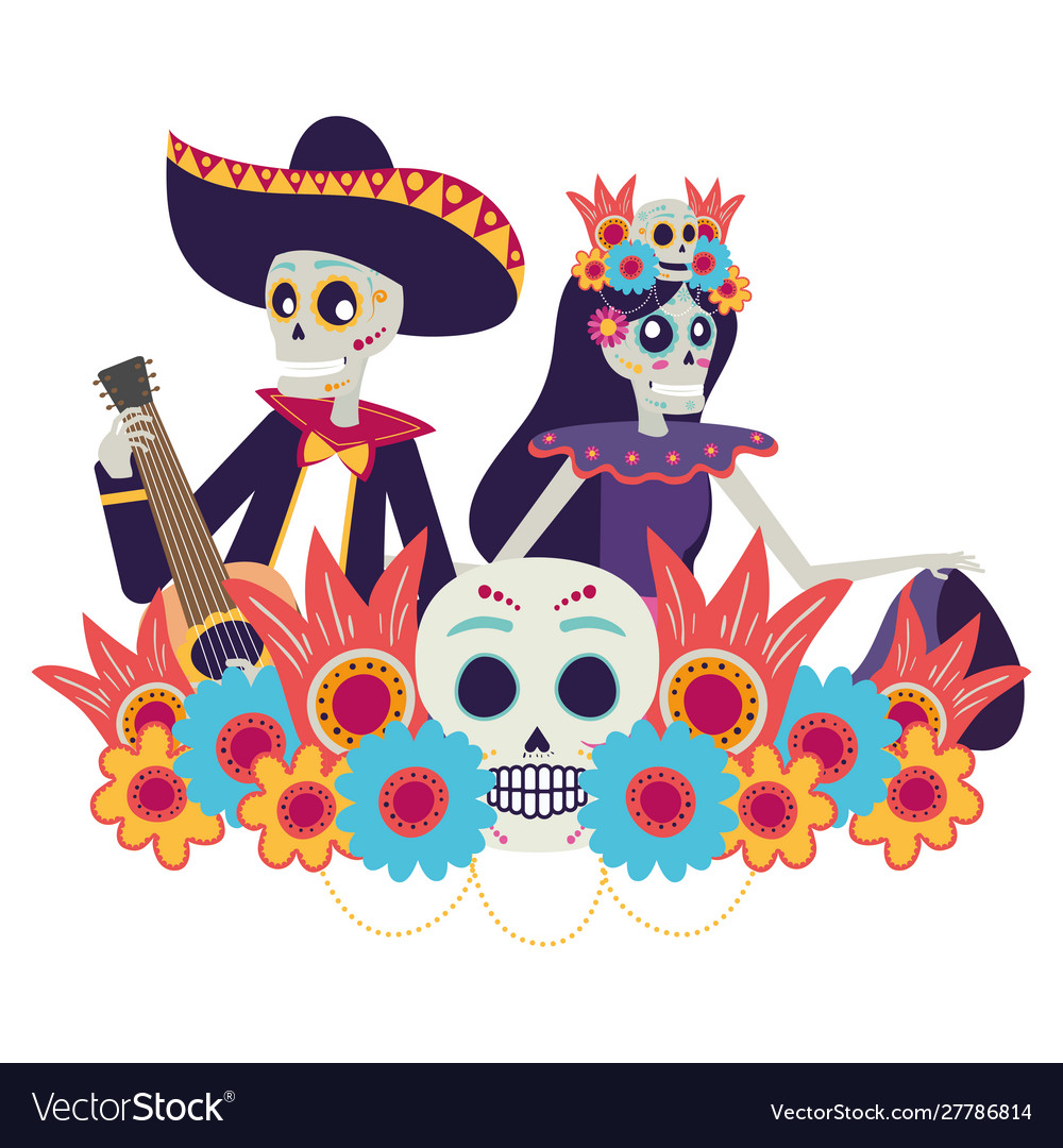 Catrina and mariachi skulls dancing and playing Vector Image