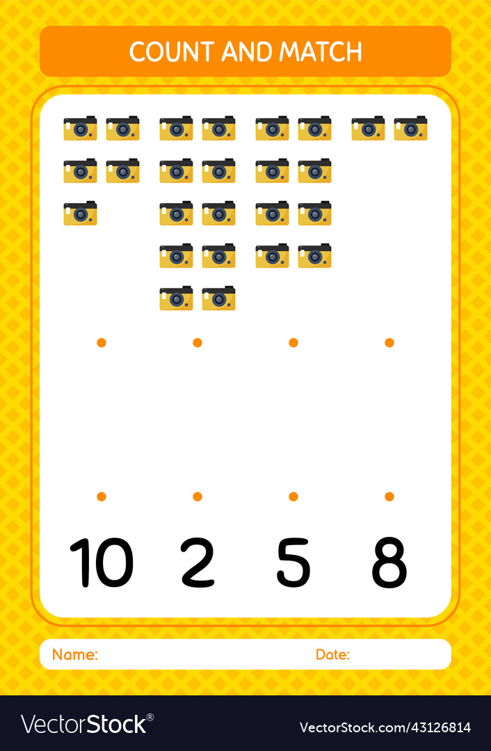 Count and match game with camera worksheet Vector Image Count and match game with camera worksheet