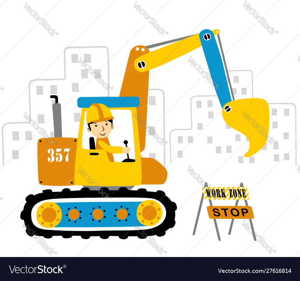 Excavator with young operator cartoon