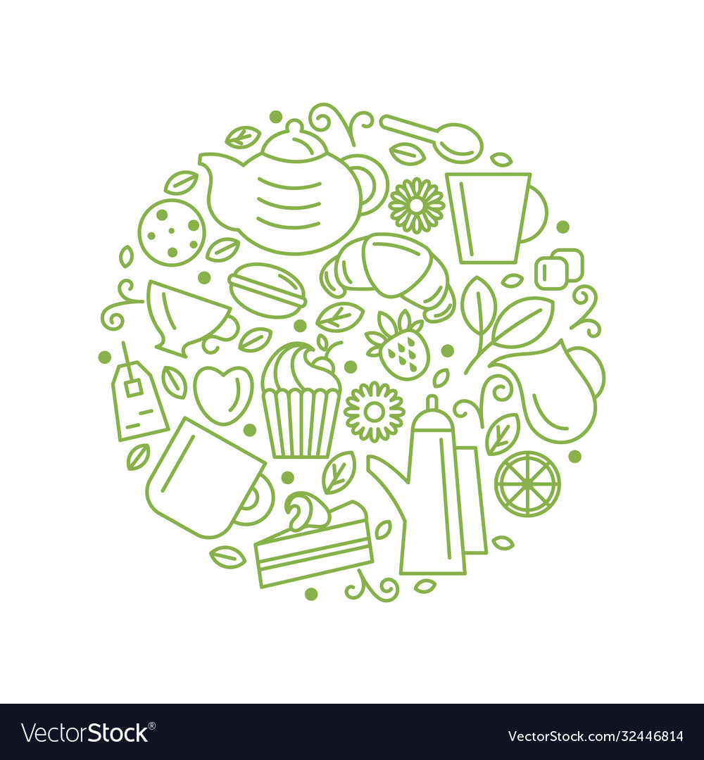 Set Tee Thema Linie Kunst zeichnen Icons im Kreis vector image Set Tee Thema Linie Kunst zeichnen Icons im Kreis
