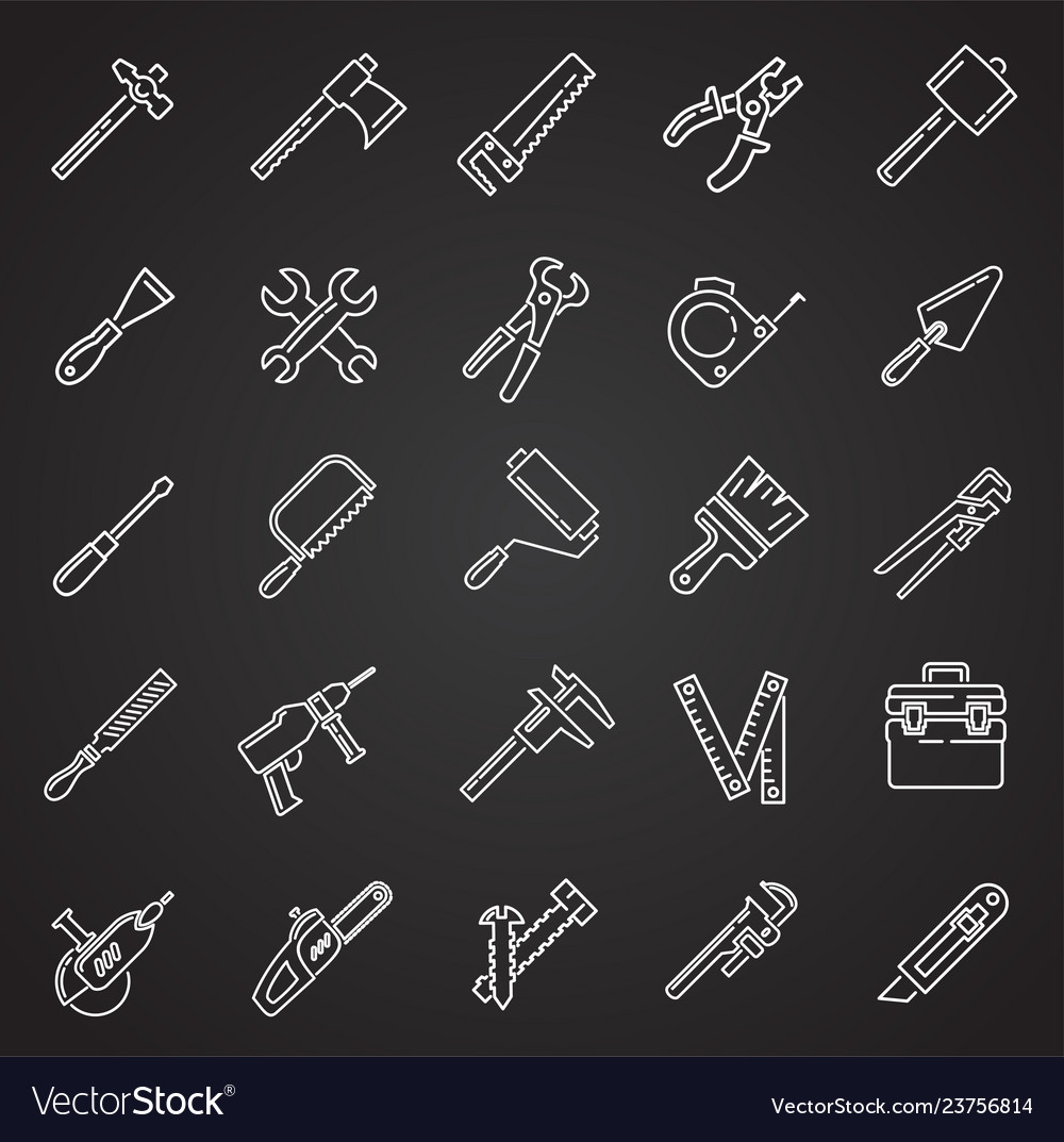 Tools icons line set on black background