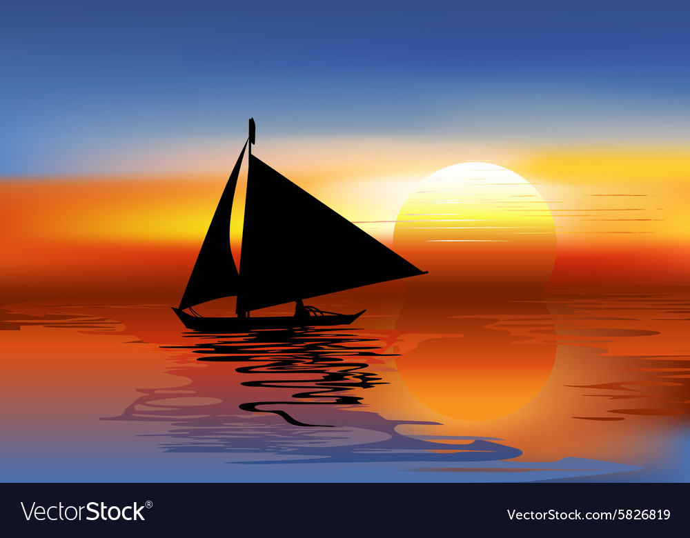 A Tropical Landscape Sunset with a boat Royalty Free Vector