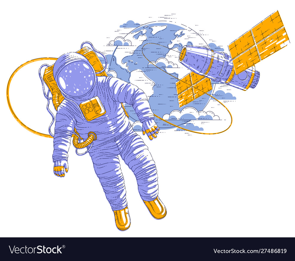 Astronaut flying in open space connected