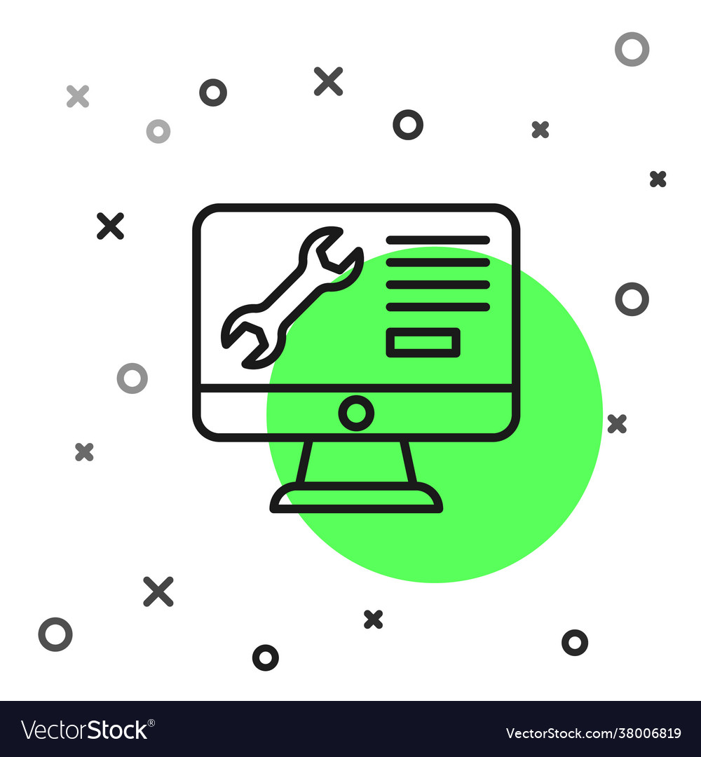 Black line computer monitor with wrench icon vector image Black line computer monitor with wrench icon