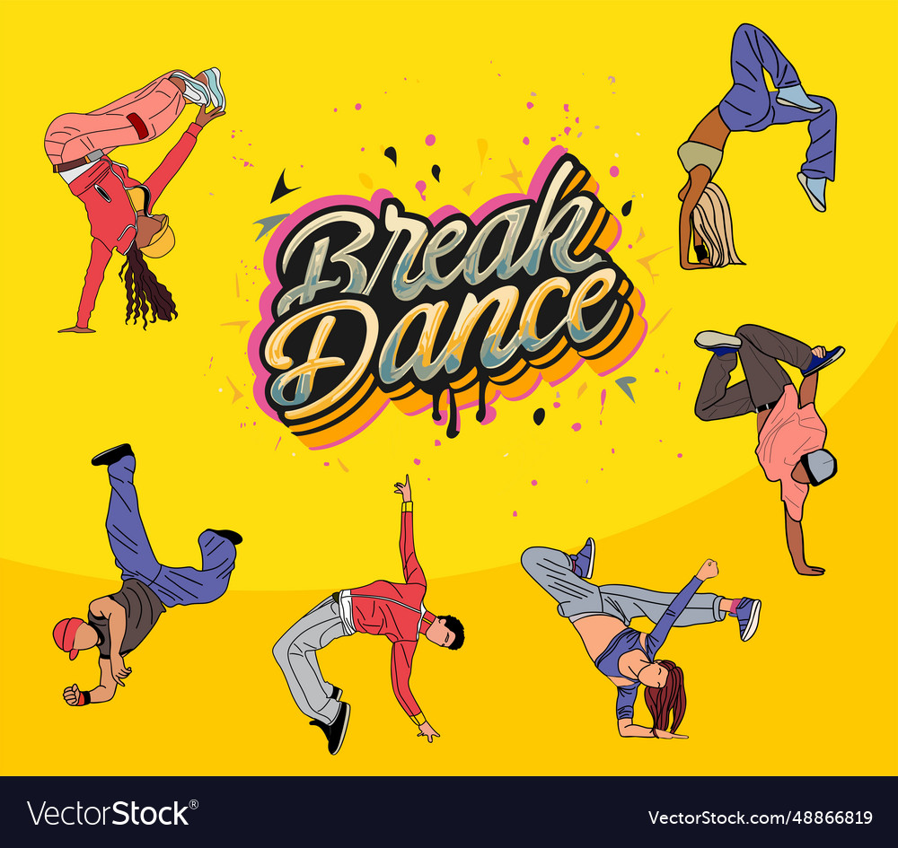 Break dance banner with cool girl and boy dancers