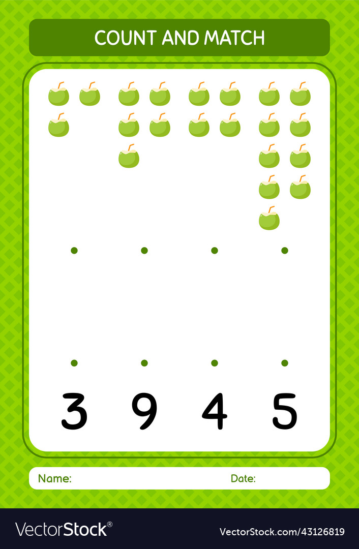 Count and match game with coconut worksheet vector image Count and match game with coconut worksheet