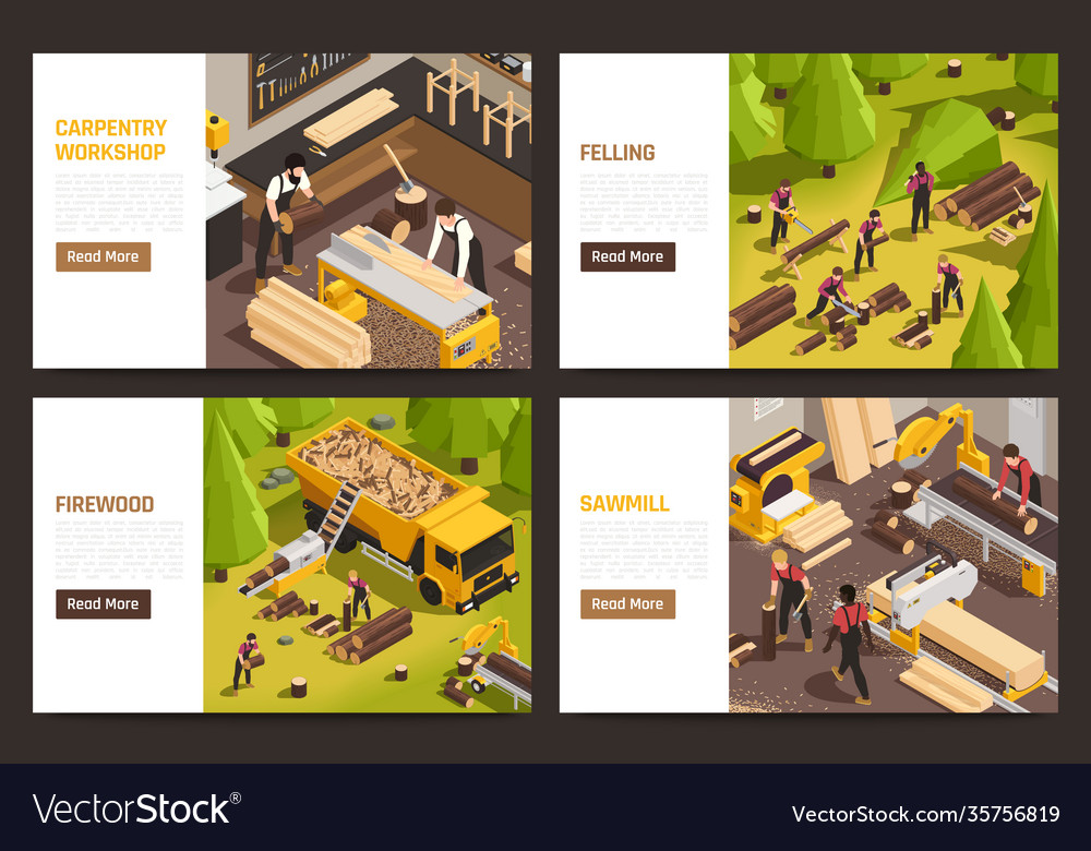 Lumberjack Isometric Banners Set Royalty Free Vector Image