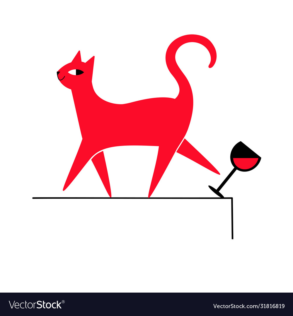 With cat who pushed a glass red wine his Vector Image