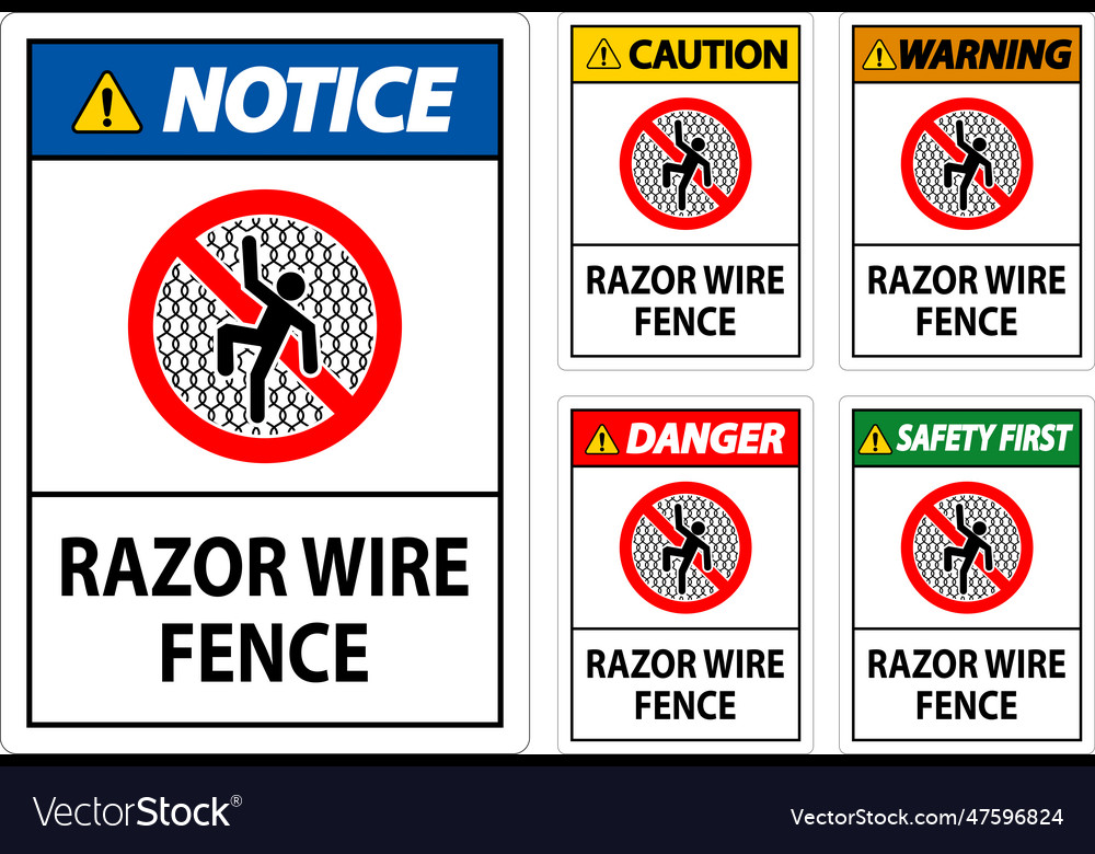 Danger sign razor wire fence on white background