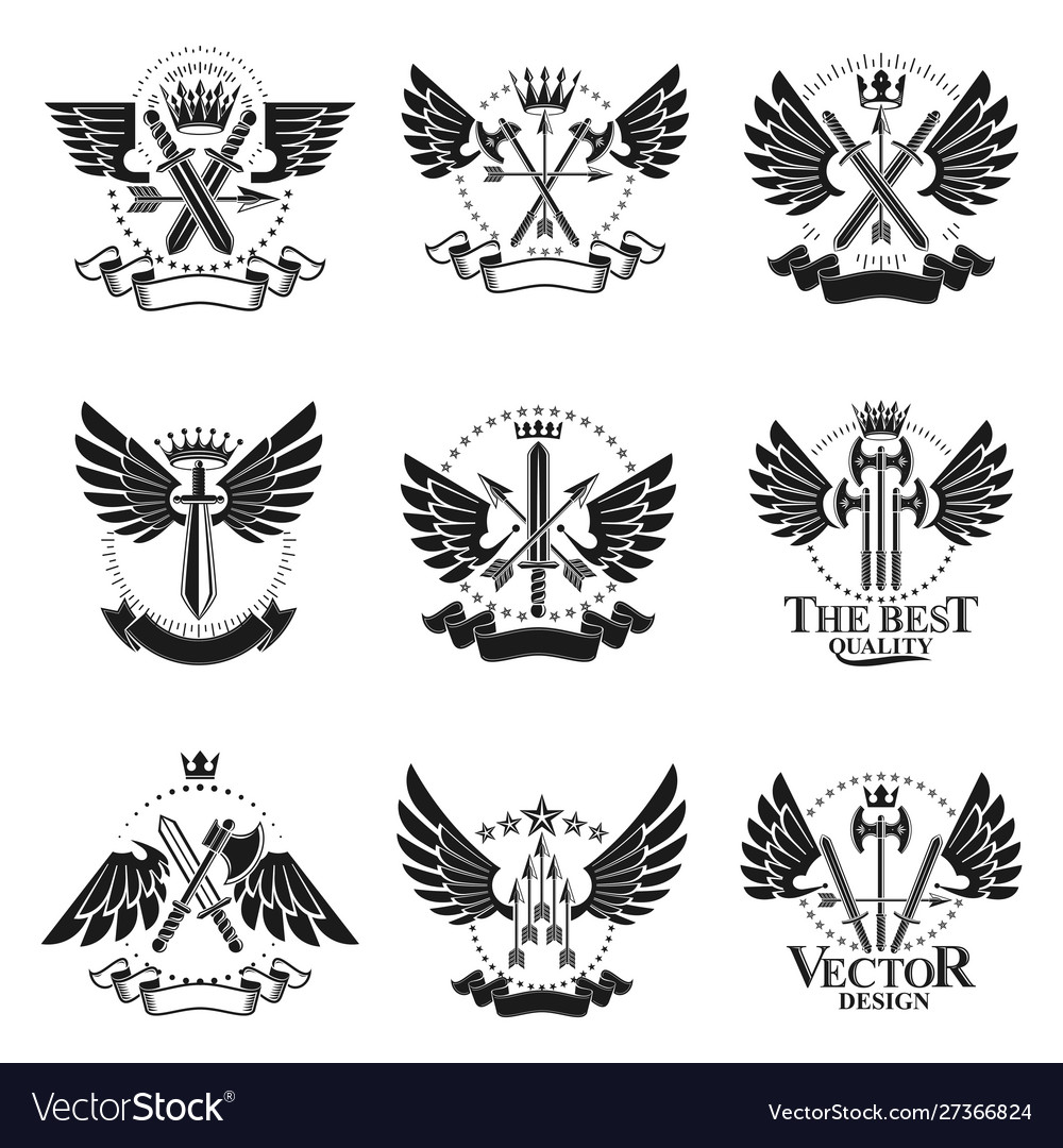 Vintage weapon emblems set heraldic coat arms