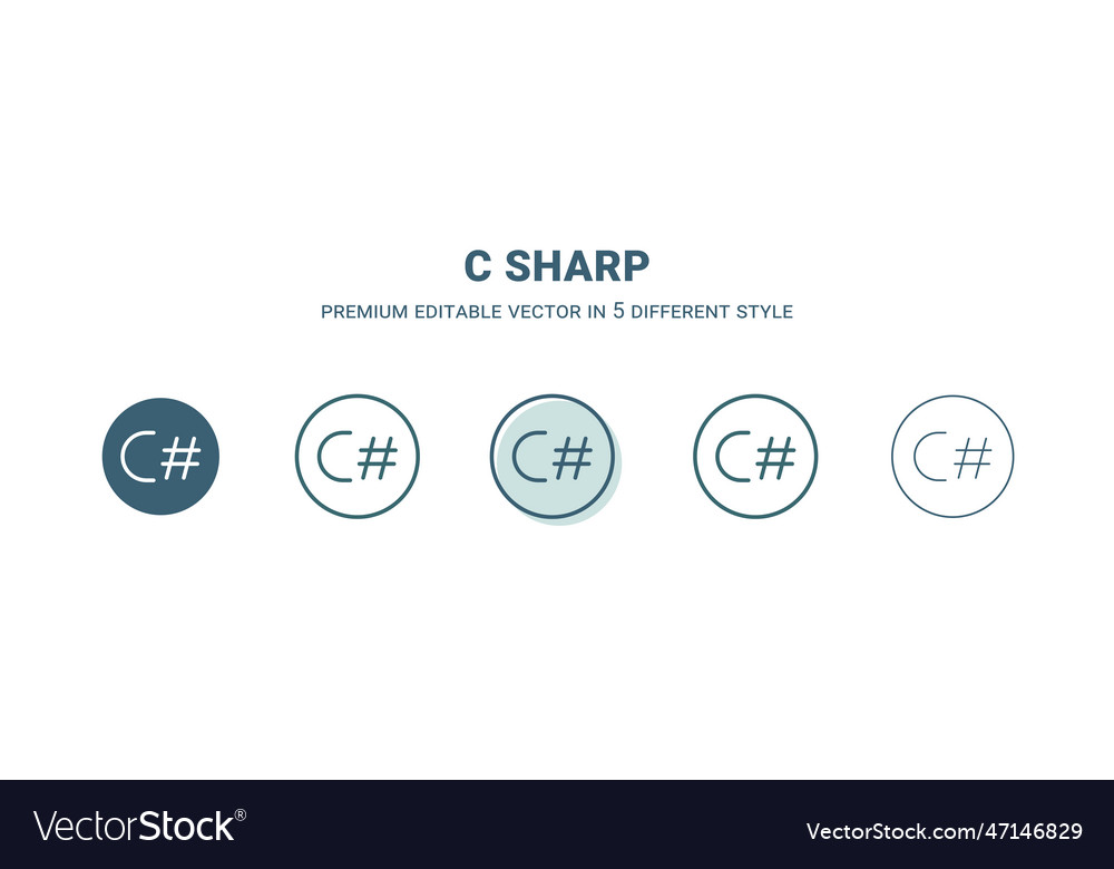 C sharp icon in 5 different style outline filled