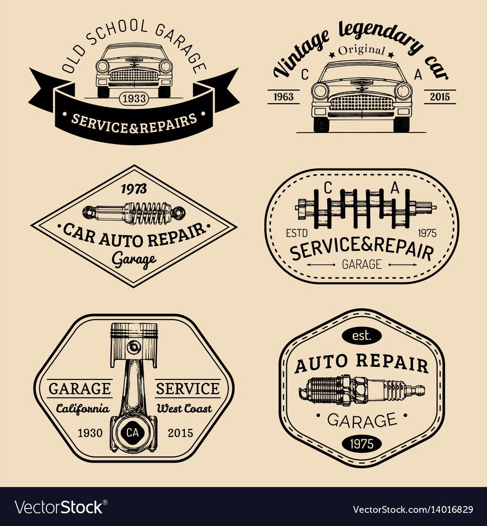 Garage logos set car repair emblems collection