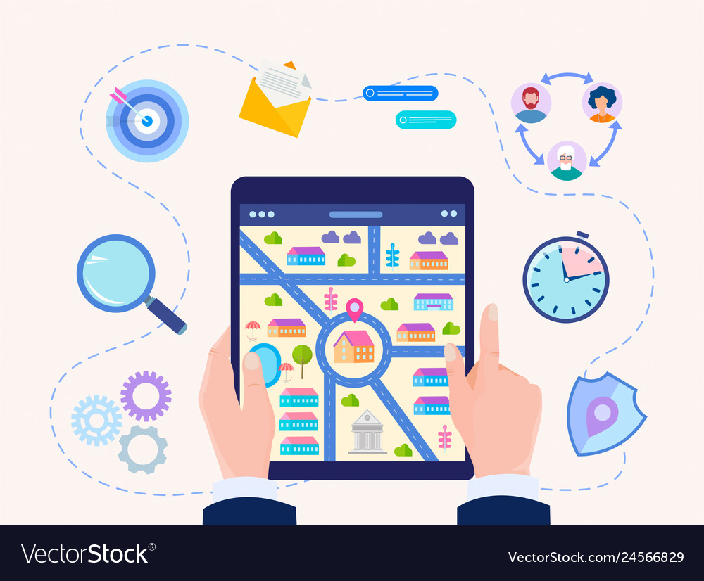 Hands holding a gadget with map and mark vector image Hands holding a gadget with map and mark
