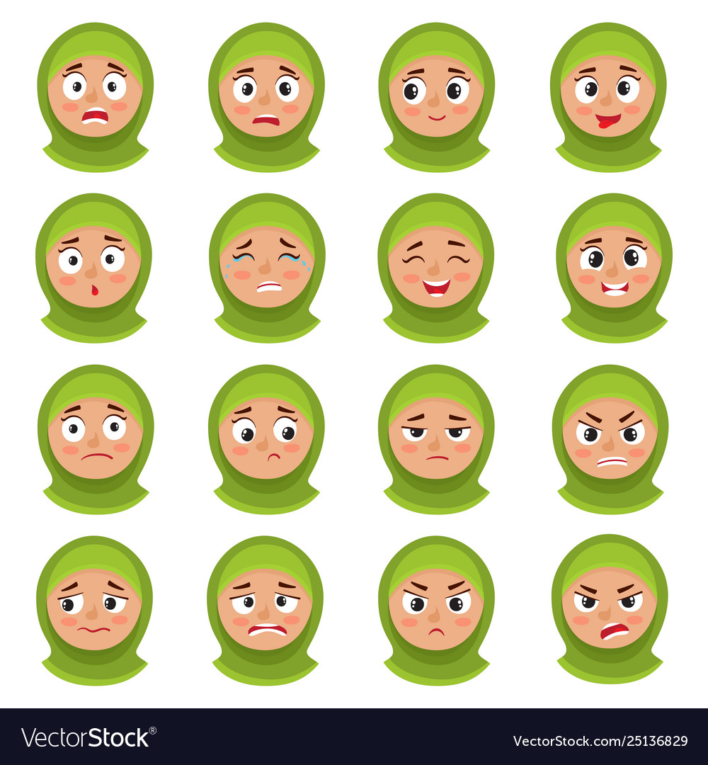 Muslim girl face expression cartoon set