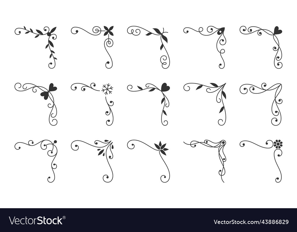 Retro corner frame floral line accent element set Vector Image