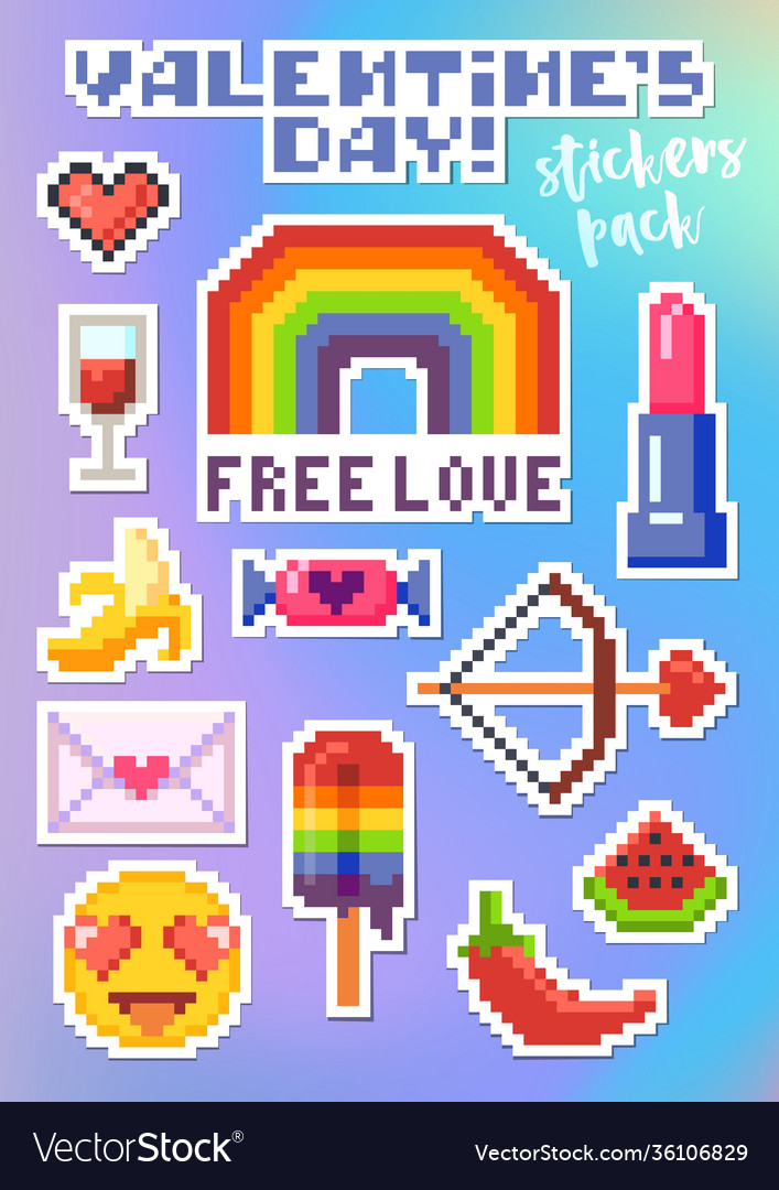 Set Stickers For Valentines Day Pixel Art Vector Image 6336