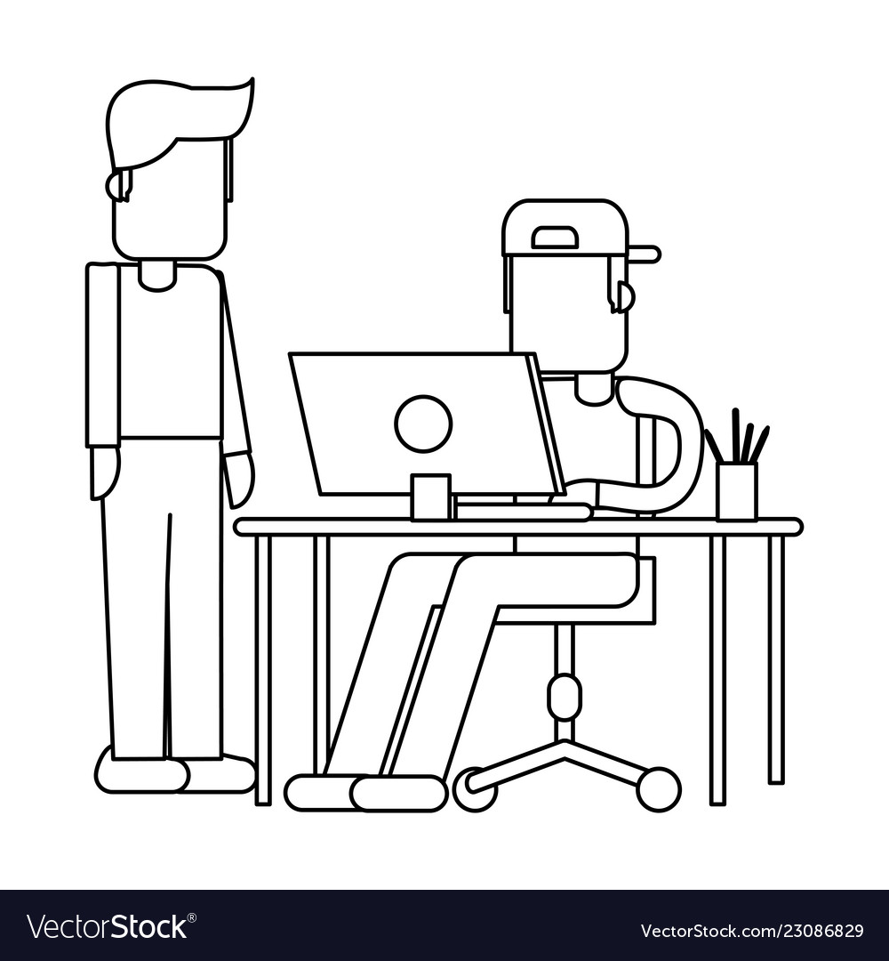 Working with computer avatar black and white vector image Working with computer avatar black and white