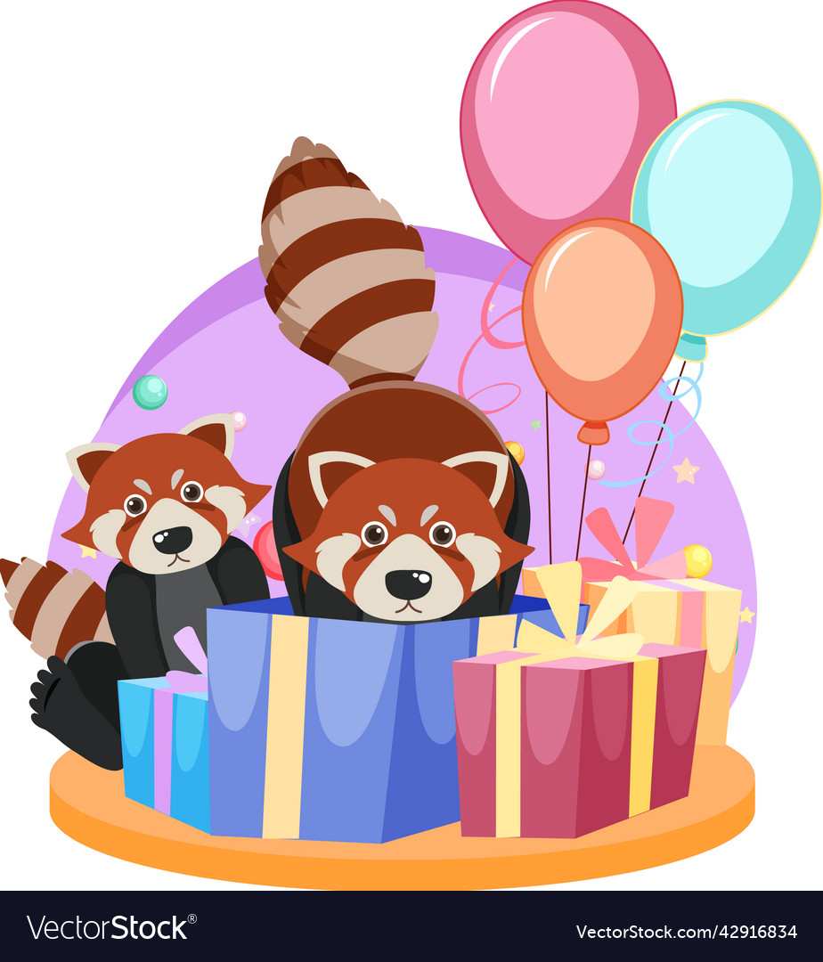 Two red pandas with gift boxes and balloons vector image Two red pandas with gift boxes and balloons
