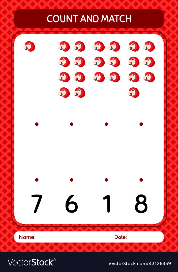 Count and match game with parrot worksheet vector image Count and match game with parrot worksheet