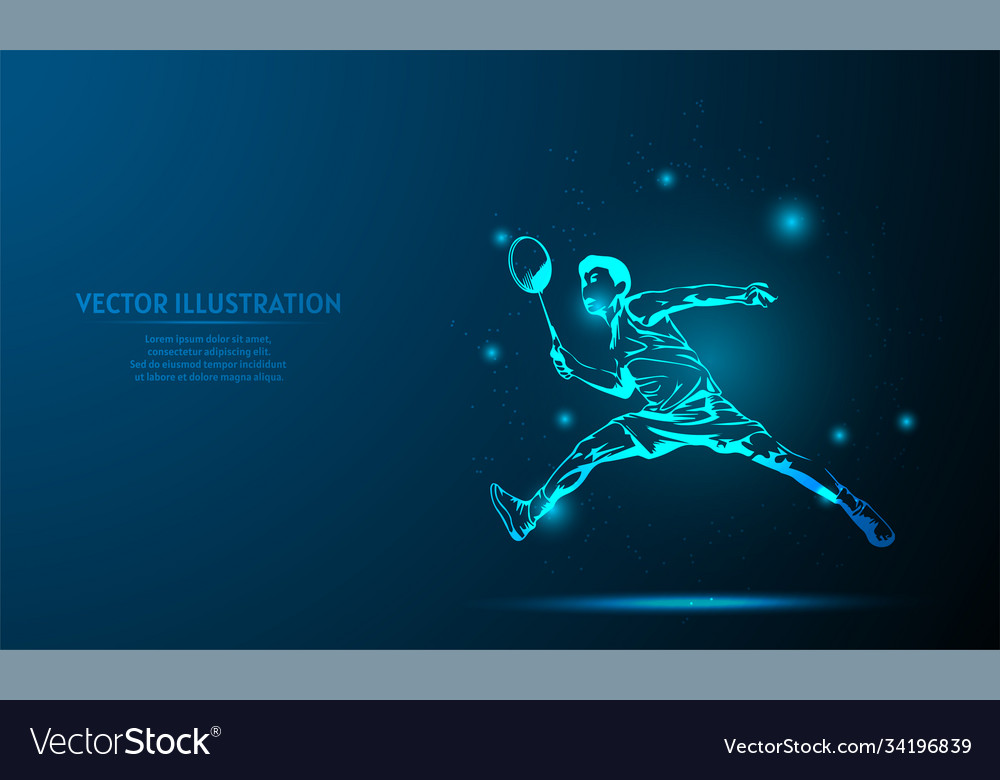 Glowing player badminton on a dark blue