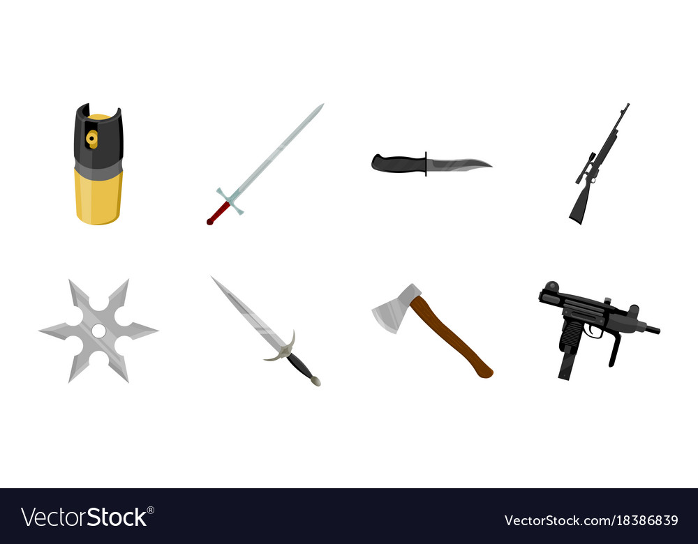 Types weapons icons in set collection Royalty Free Vector