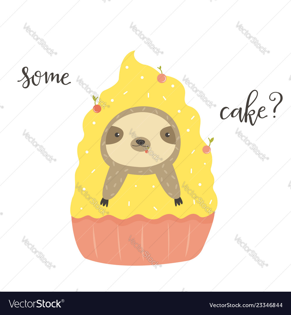 Funny cute sloth in cake postcard poster vector image Funny cute sloth in cake postcard poster
