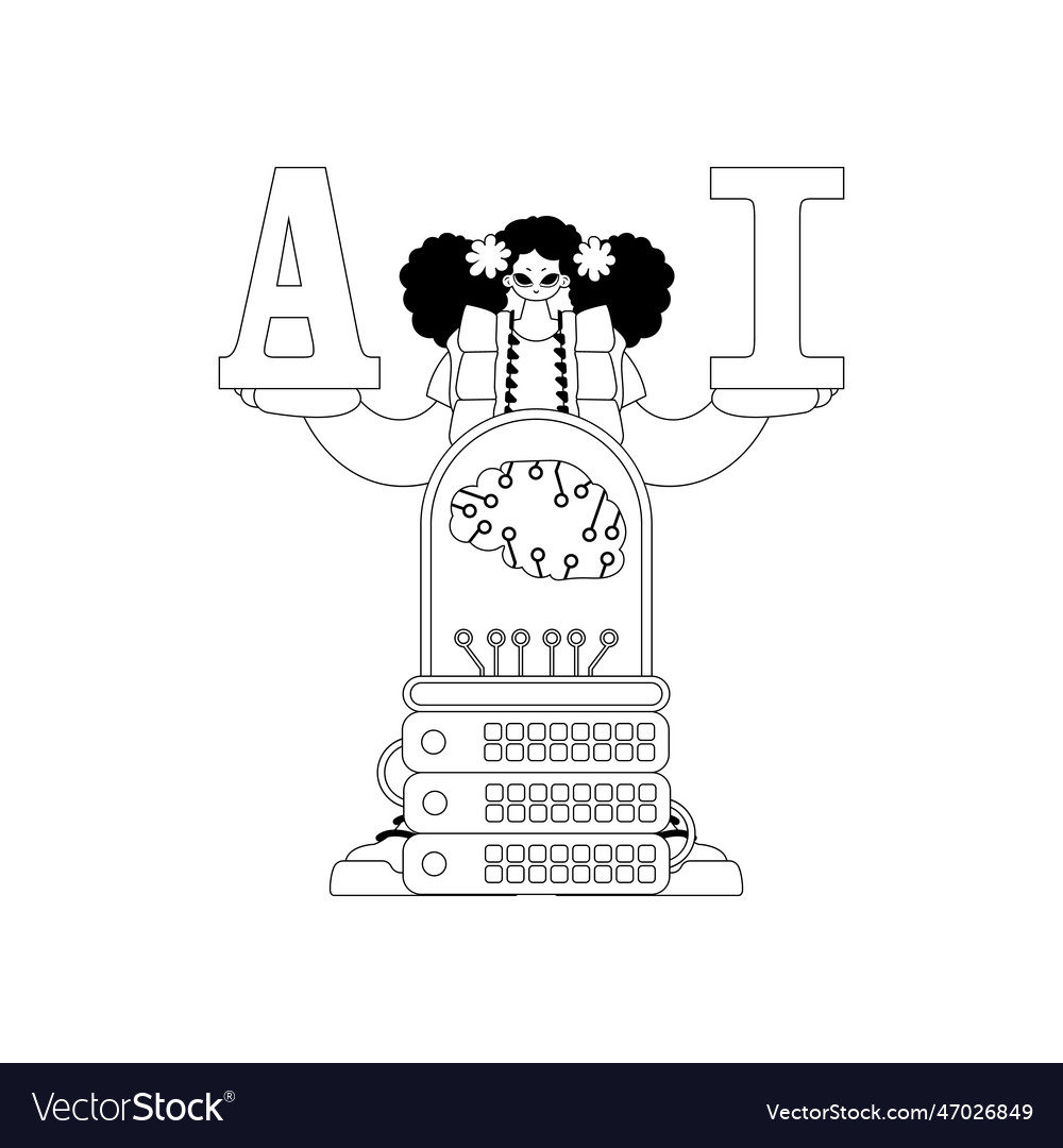 Girl and ai server in linear style the artificial