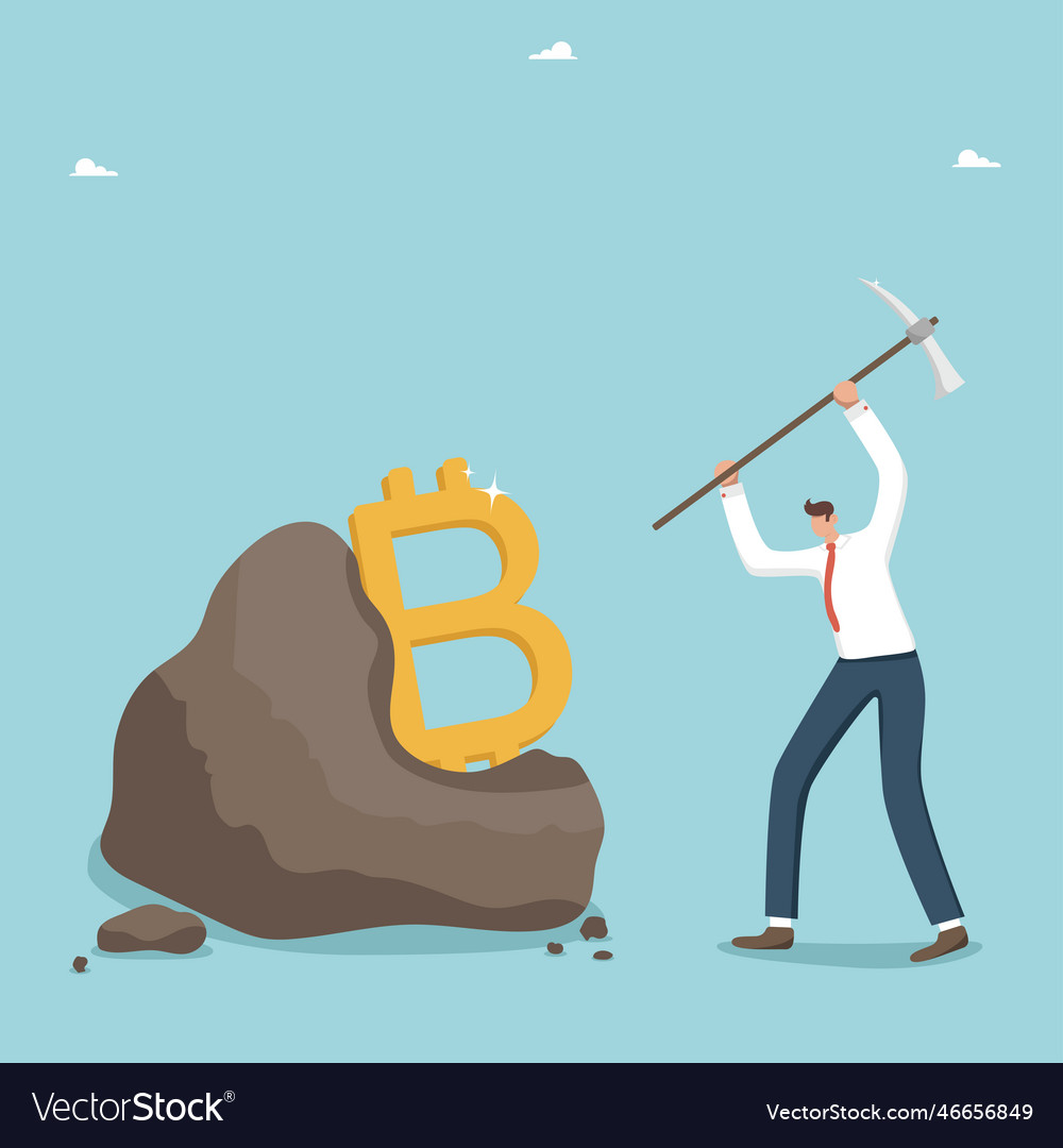 Man with a pickaxe extracts bitcoin from rock