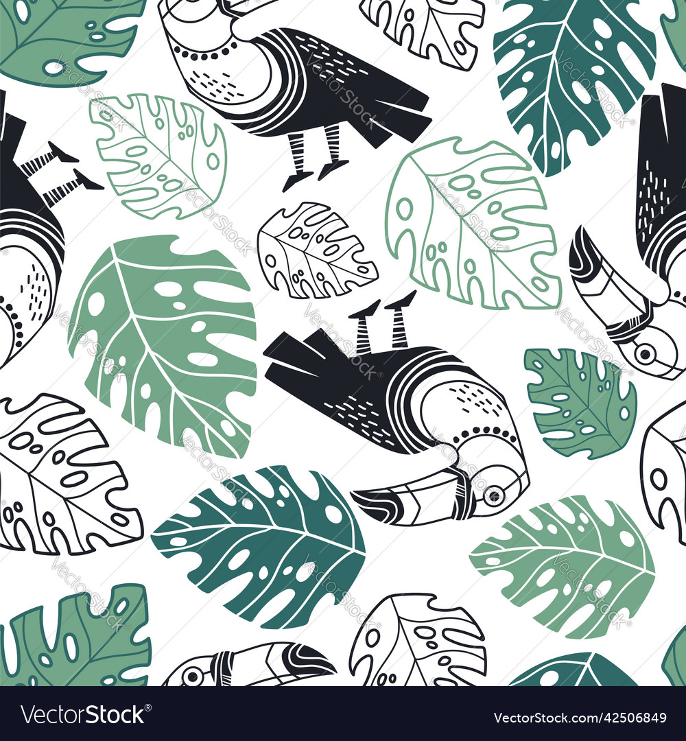 Nahtloses Muster abstrakte Toucans mit Pflanzen vector image Nahtloses Muster abstrakte Toucans mit Pflanzen