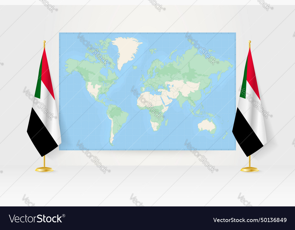 World map between two hanging flags of sudan flag