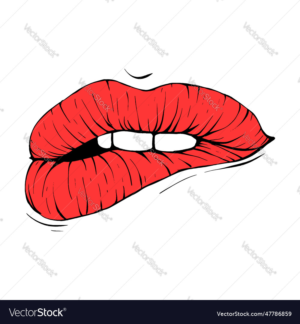 Red female lips sketch line art Royalty Free Vector Image