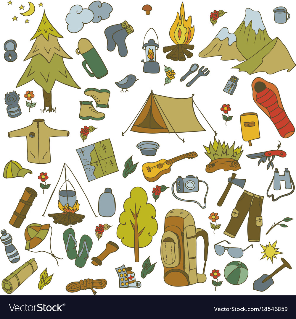 Set of hand drawn sketch camping equipment symbols