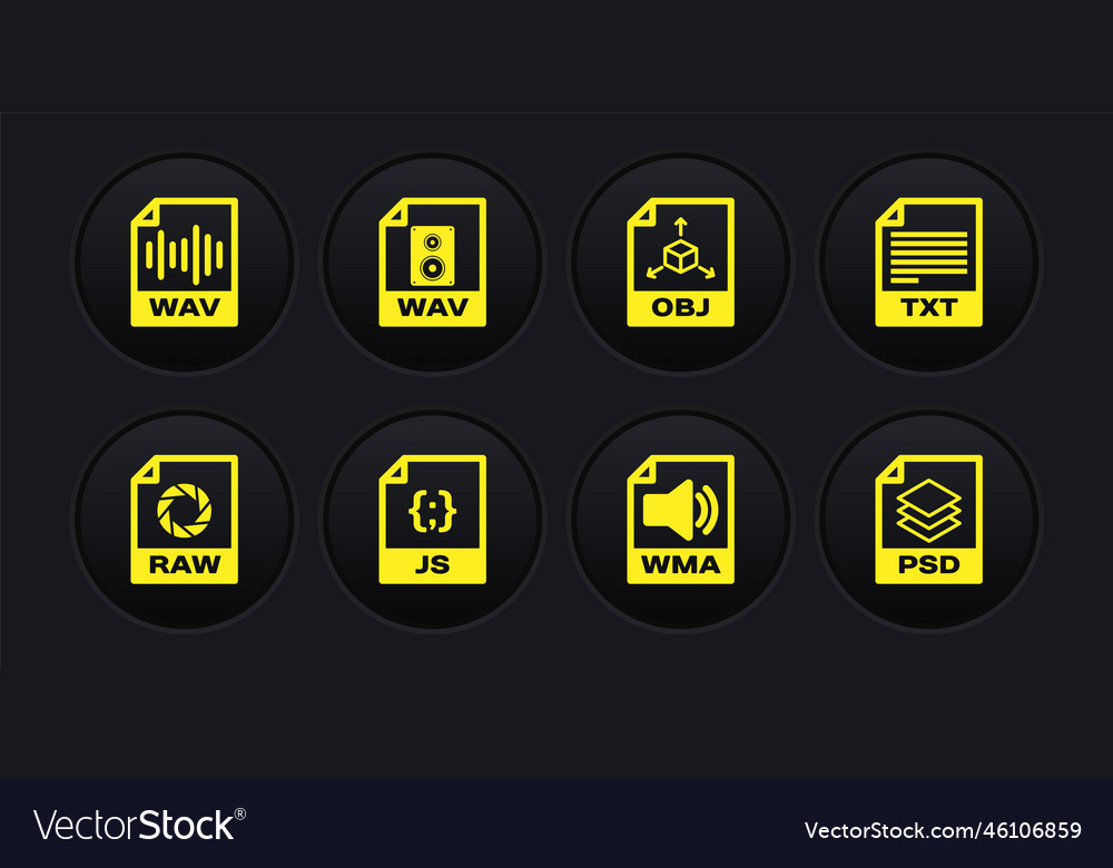 Set raw file document txt js wma obj and wav vector image Set raw file document txt js wma obj and wav