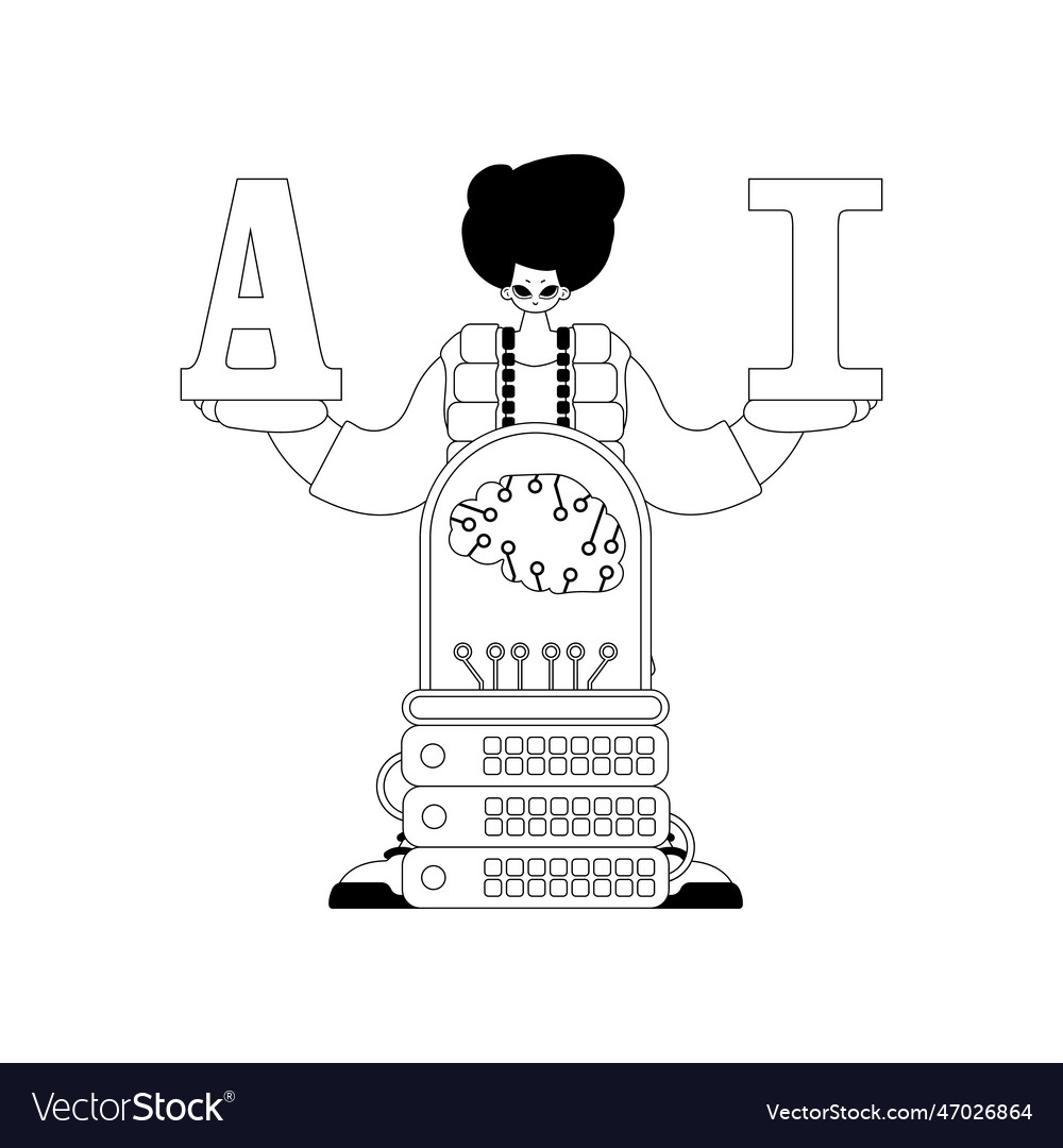 An ai man and server shown in a linear design vector image An ai man and server shown in a linear design
