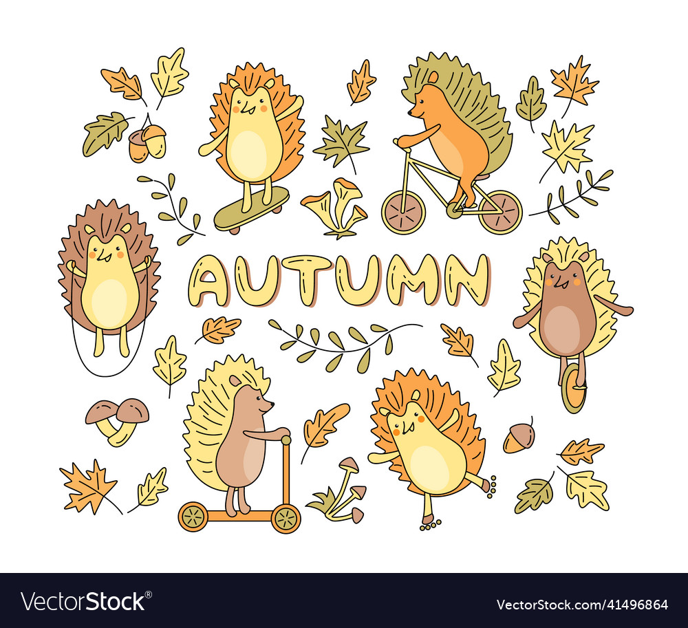 Autumn color design with hedgehogs on rollers vector image Autumn color design with hedgehogs on rollers