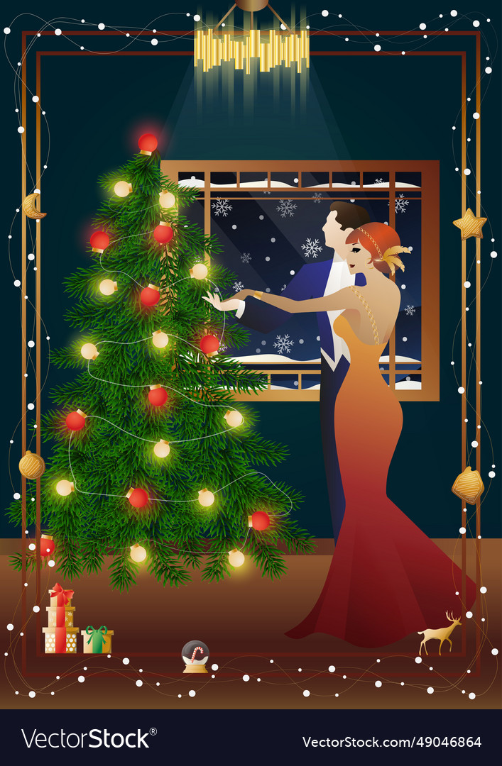 Loving couple dancing near christmas tree Vector Image