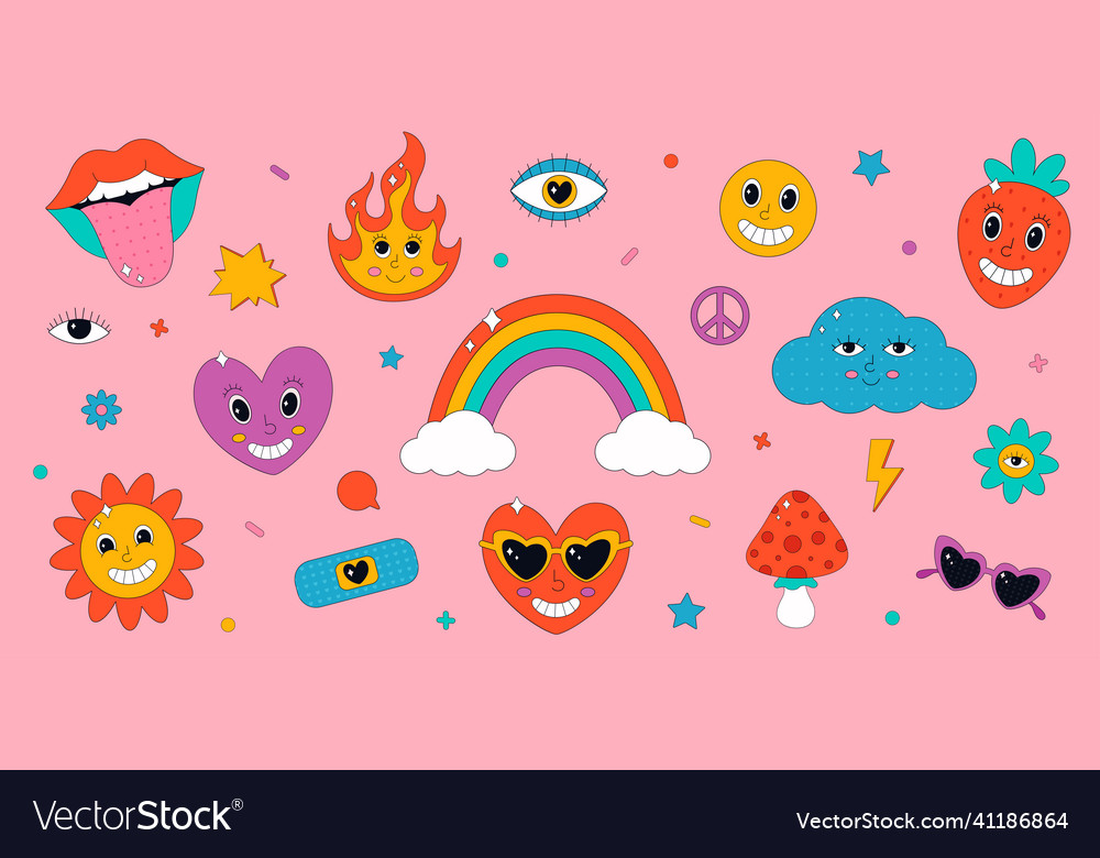 Set of cute elements and characters in psychedelic vector image Set of cute elements and characters in psychedelic