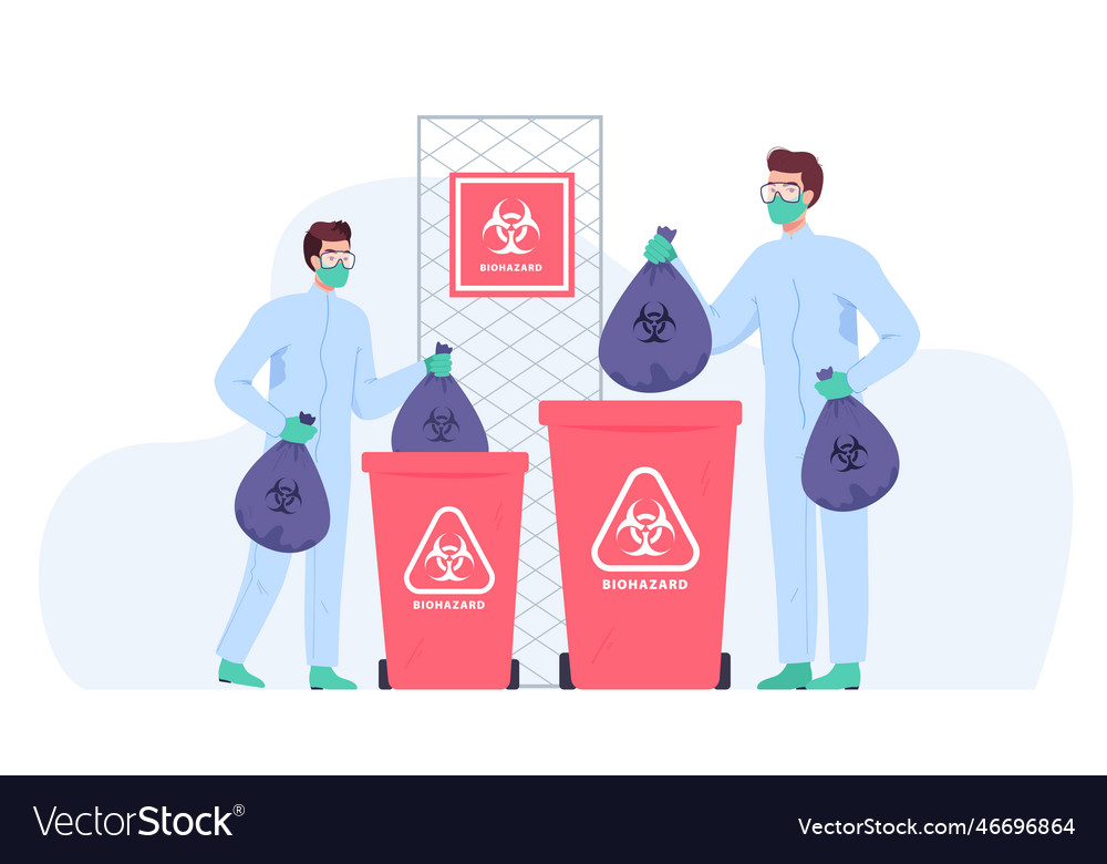 Workers in uniform throwing away biohazard garbage