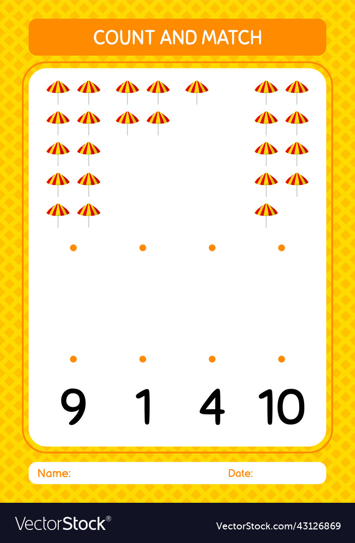 Count and match game with umbrella worksheet