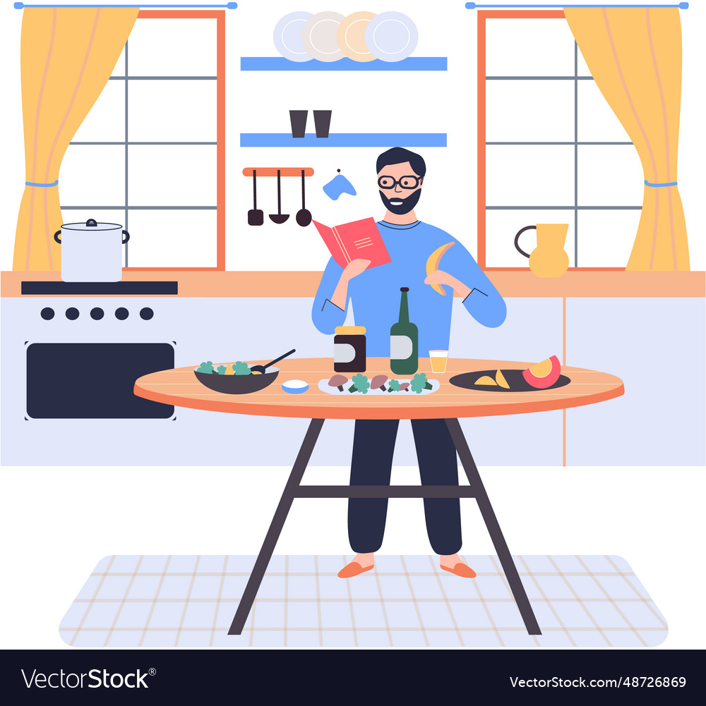 Man reading cookbook slicing vegetables Vector Image Man reading cookbook slicing vegetables