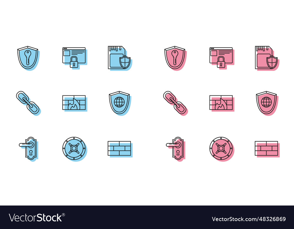 Set line door handle safe shield with key bricks vector image Set line door handle safe shield with key bricks