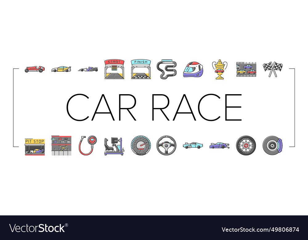 Car race vehicle speed auto icons set