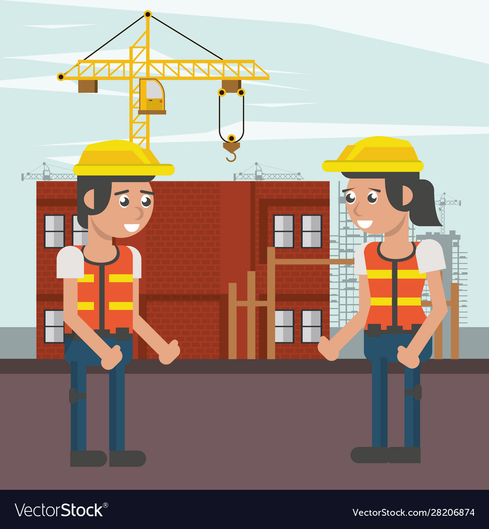 Couple builders working under construction vector image Couple builders working under construction