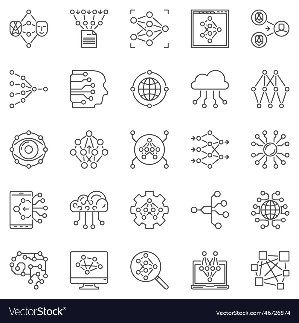 Neural network outline icons set - artificial