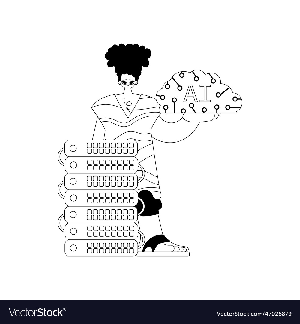 Ai guy and server in linear style themed around
