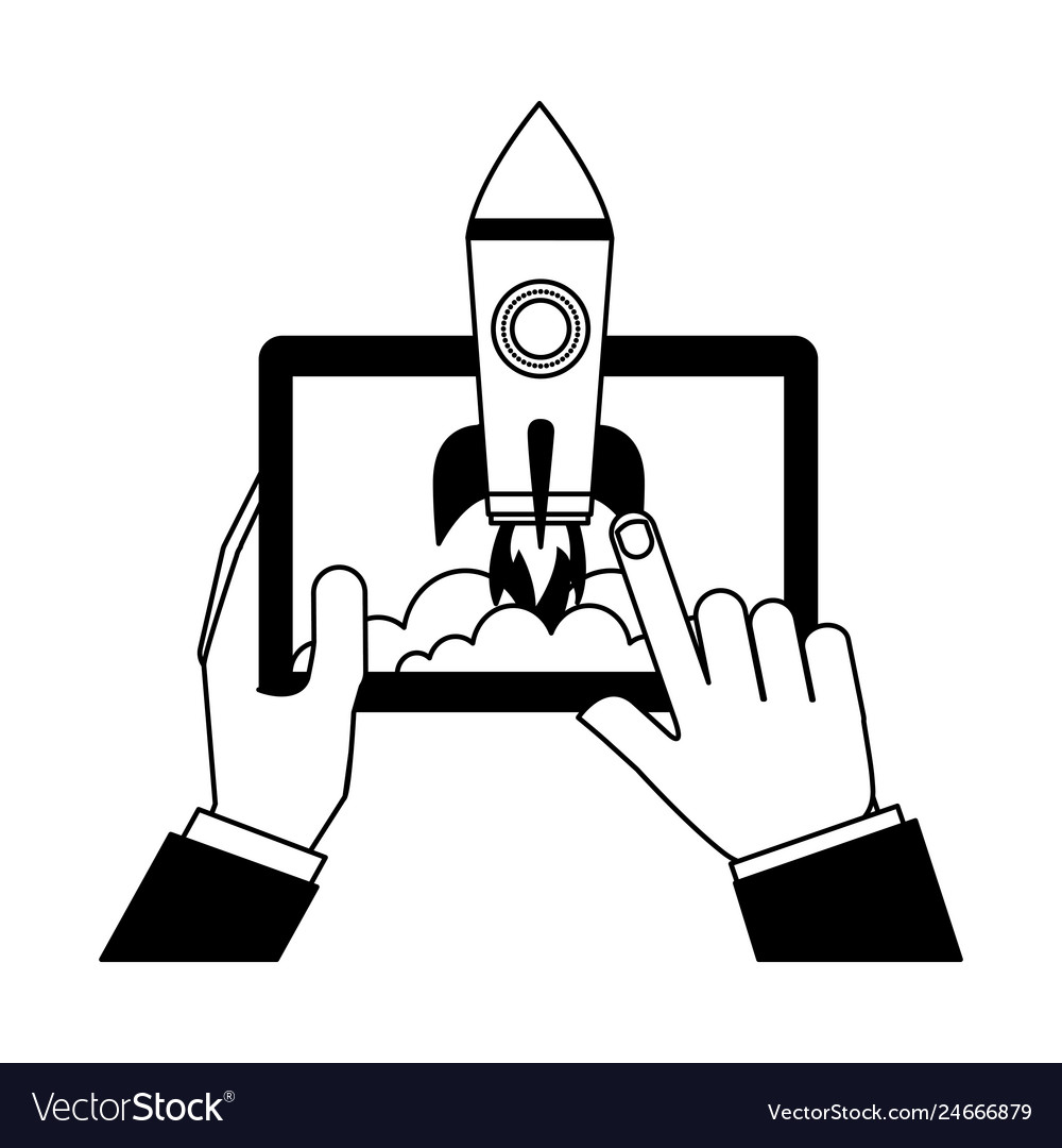 Hands with tablet device and startup rocket