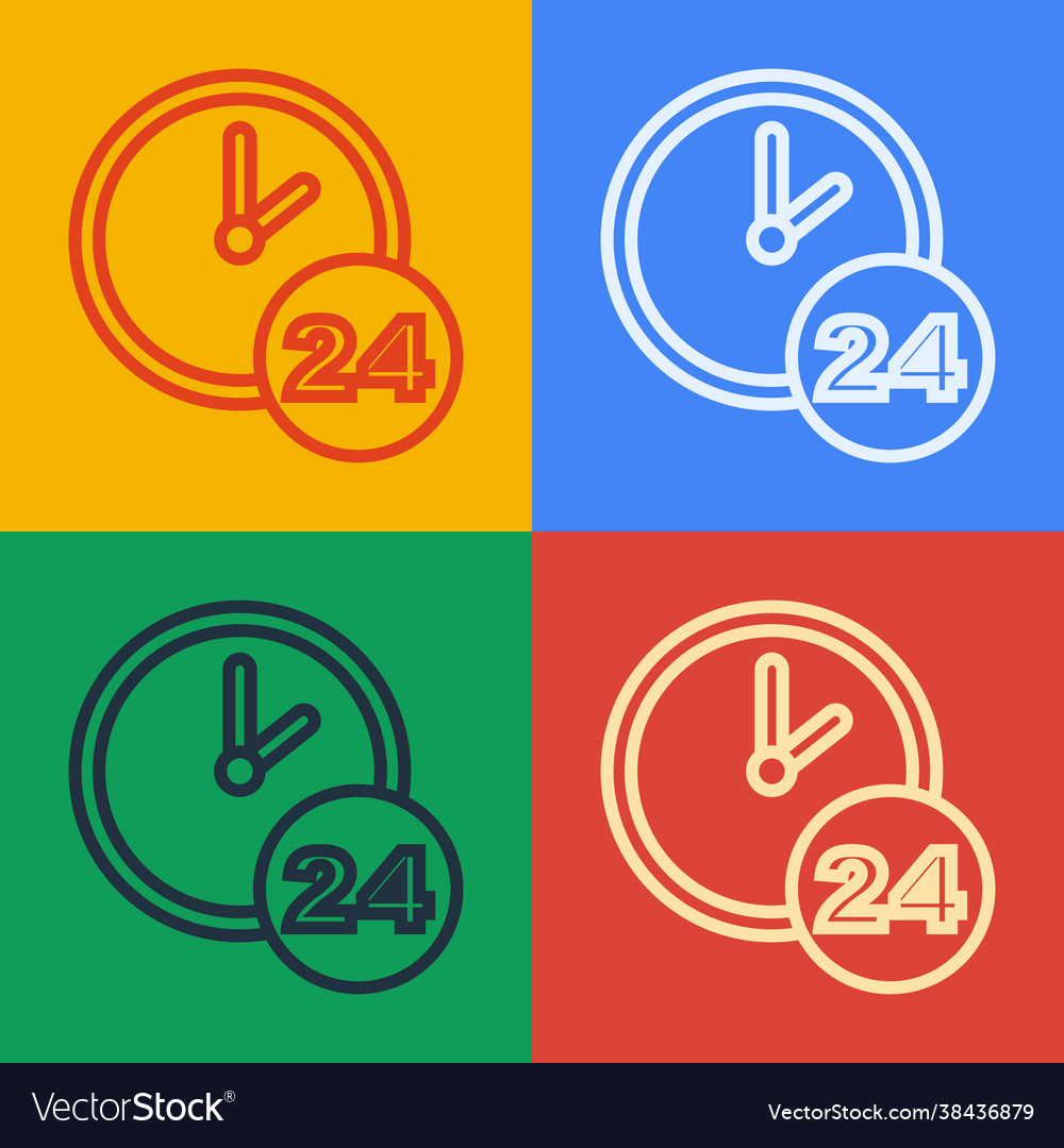 Pop art line clock 24 hours icon isolated on color Vector Image Pop art line clock 24 hours icon isolated on color