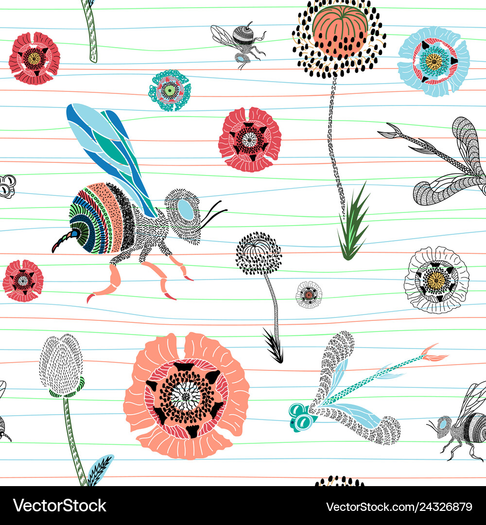 Seamless pattern with cute hand drawn bee Vector Image