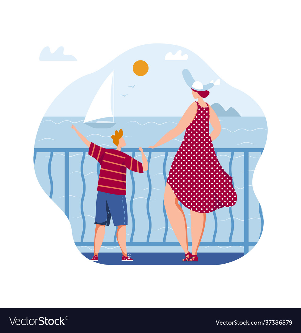 Summer concept sea look mom shows finger son